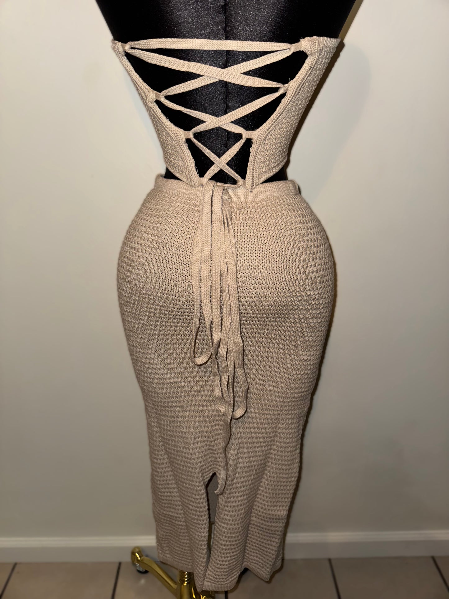 Beige Crochet Skirt Set