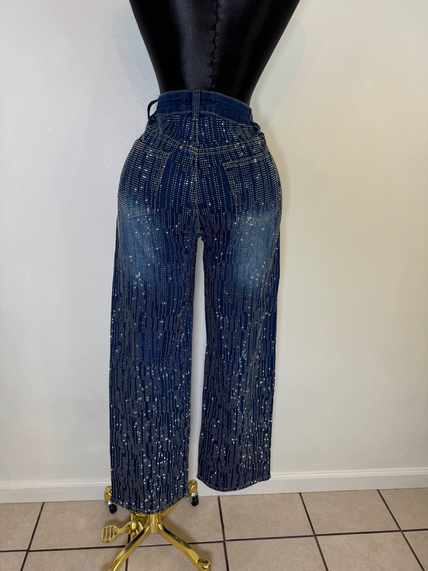 Medium Blue Rhinestone Wide Leg Jeans