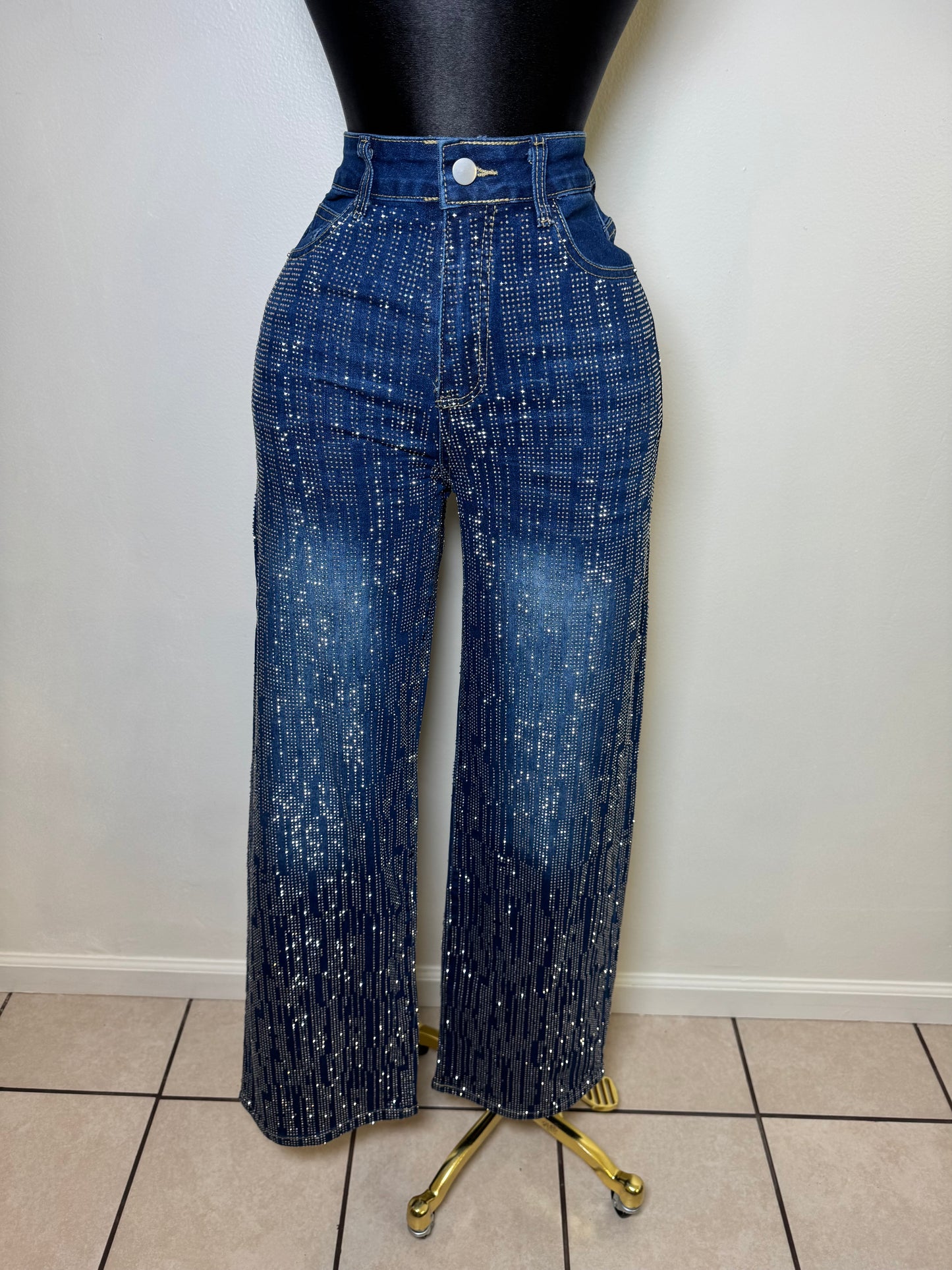 Medium Blue Rhinestone Wide Leg Jeans