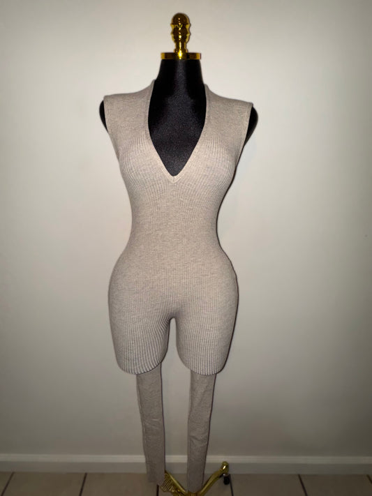 Tan V Neck Jumpsuit