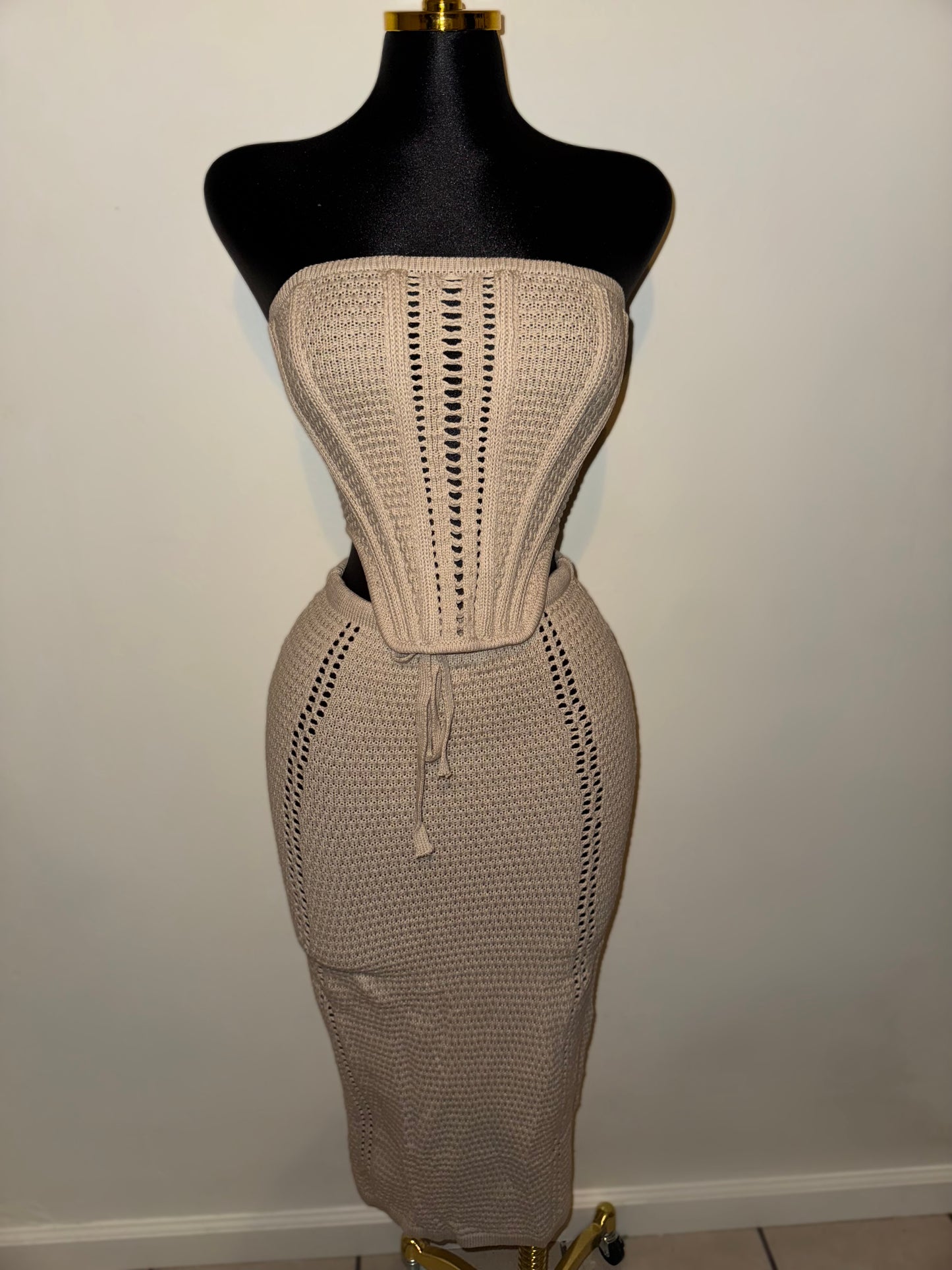 Beige Crochet Skirt Set