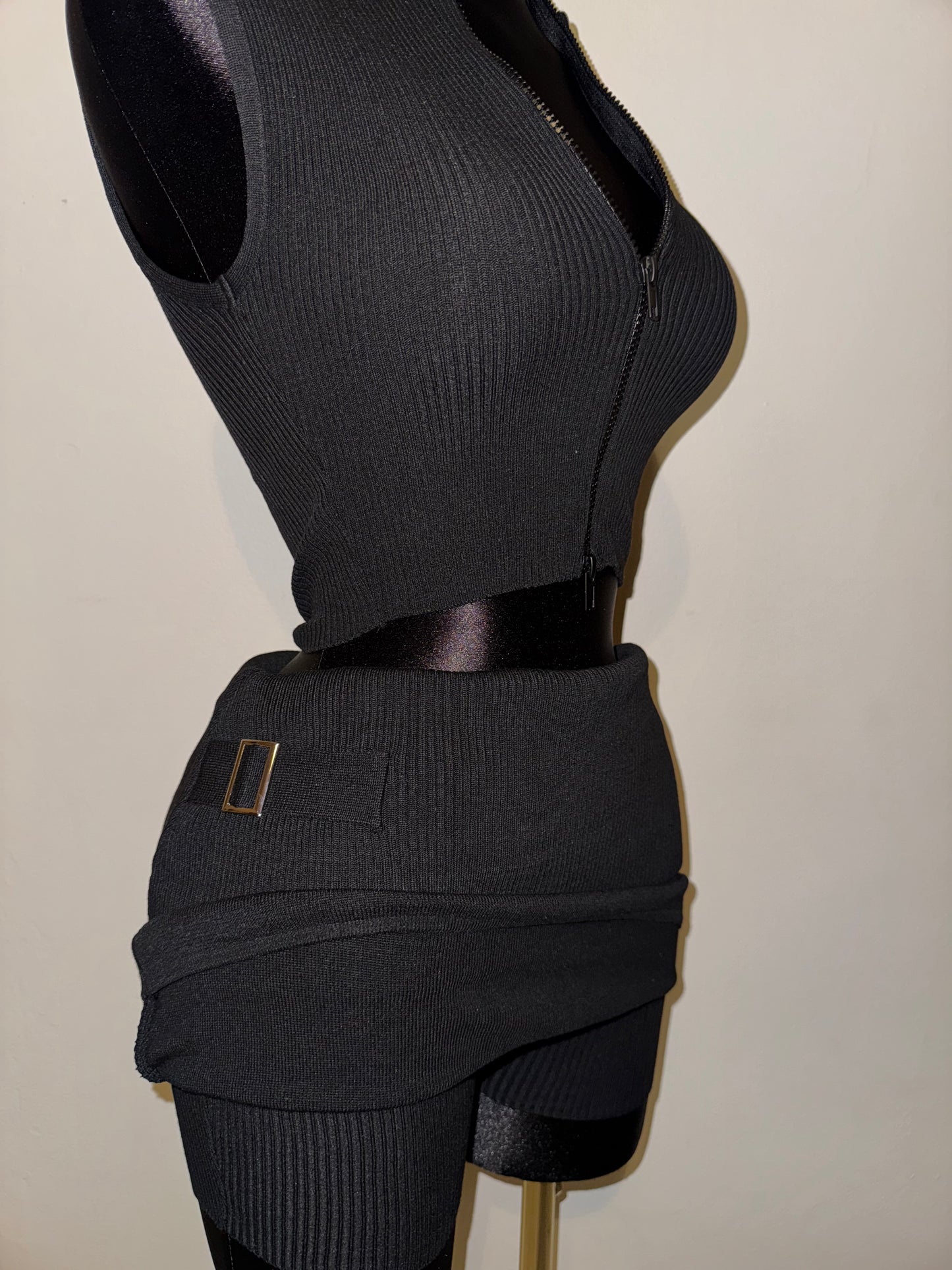 Black Front Zip Up Skirt Set