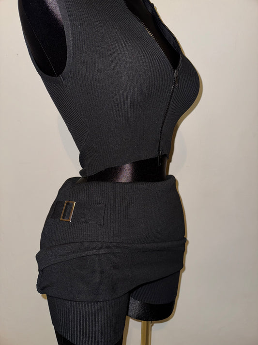 Black Front Zip Up Skirt Set