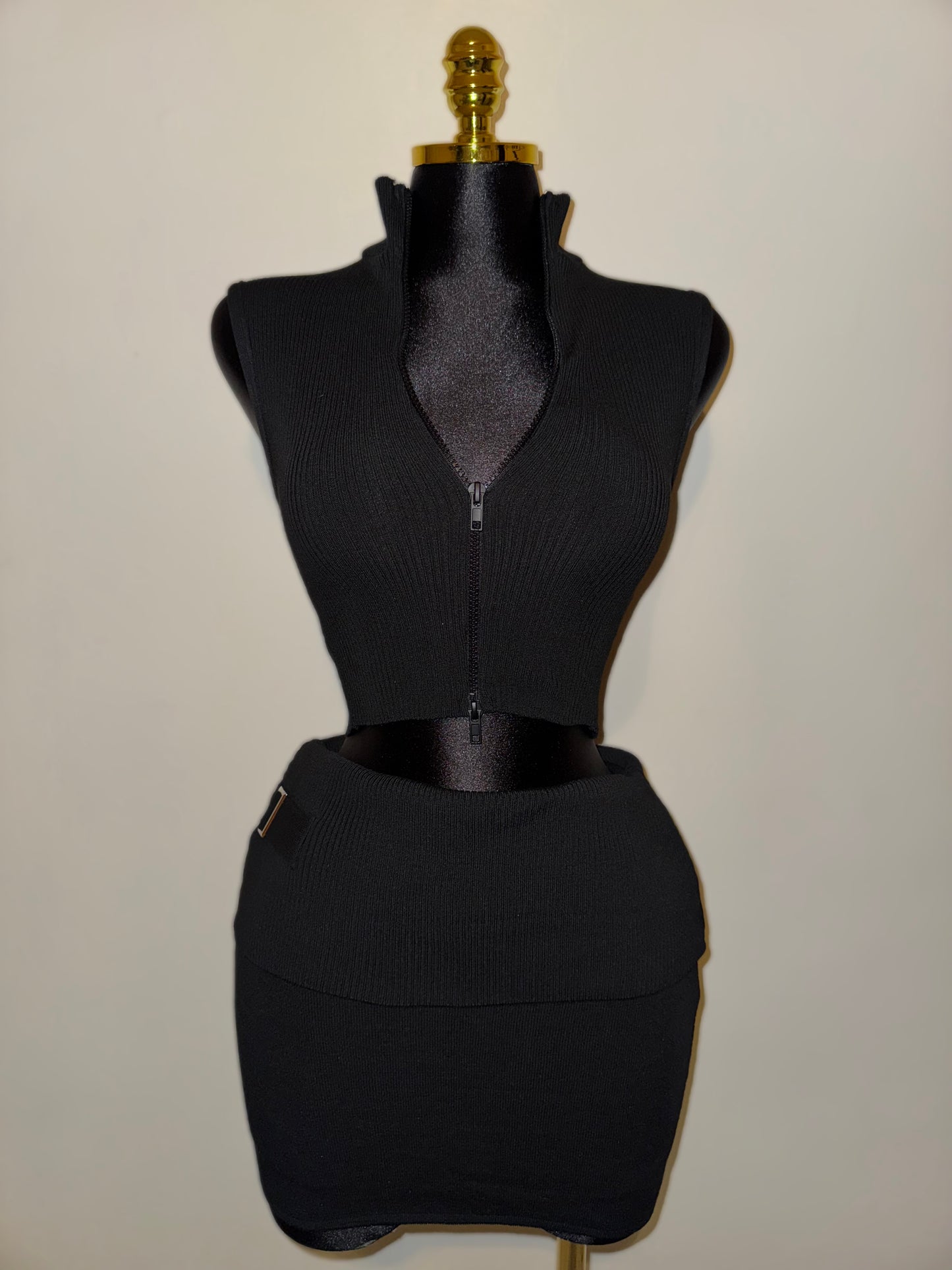 Black Front Zip Up Skirt Set