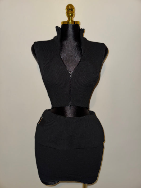 Black Front Zip Up Skirt Set